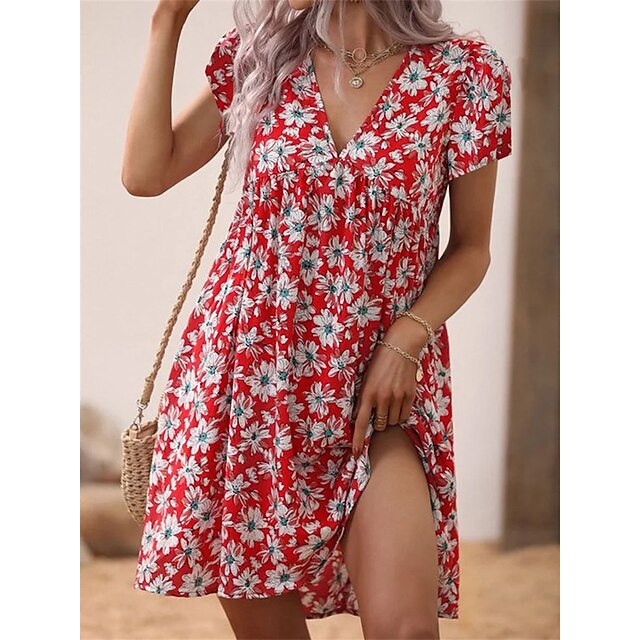  Women's Casual Dress Floral Floral Dress Summer Dress V Neck Ruched Print Midi Dress Outdoor Street Fashion Streetwear Loose Fit Short Sleeve Red Summer Spring S M L XL XXL