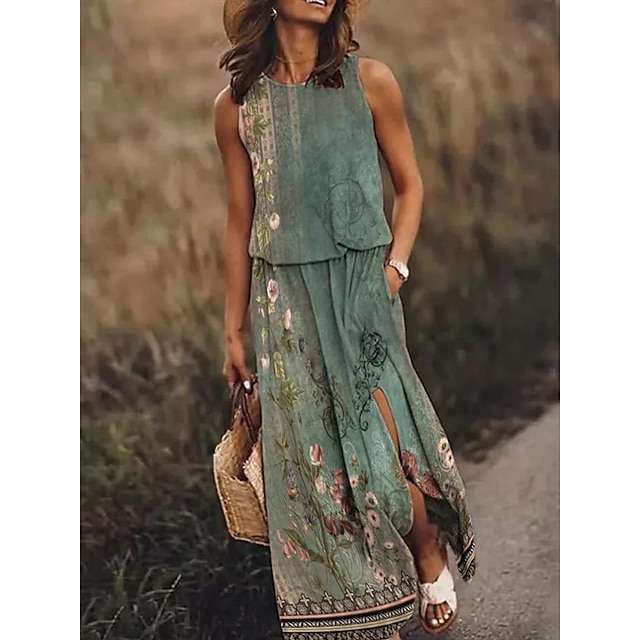  Women's Floral Maxi Tank Dress with Pocket Green