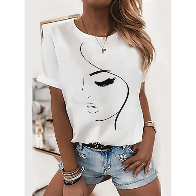  Women's T shirt Tee White Print Portrait Daily Weekend Short Sleeve Round Neck Basic Regular Abstract Portrait Painting S