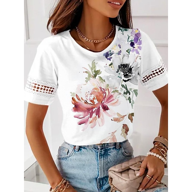  Women's T shirt Tee White Eyelet Tops Floral White Print Short Sleeve Holiday Weekend Basic Round Neck Regular Fit