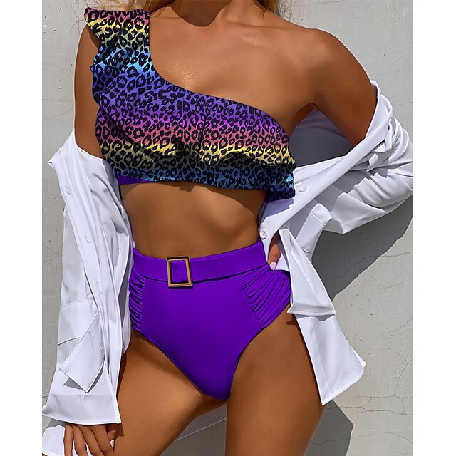  Mujer Bañadores Bikini Normal Traje de baño Leopardo Volante 2 Piezas Un Hombro Negro Azul Piscina Morado Marrón Rosa Rojo Trajes de baño Ropa de playa Verano Deportes