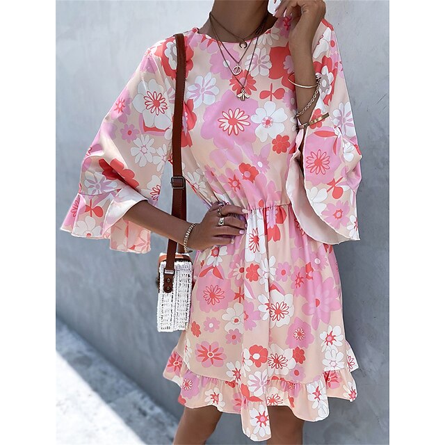 Women's Casual Dress Floral Summer Dress Print Dress Crew Neck Ruched Ruffle Mini Dress Flared Sleeve Daily Holiday Fashion Modern Loose Fit 3/4 Length Sleeve Pink Summer Spring S M L XL XXL