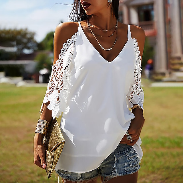  Women's Casual Lace V-Neck Short Sleeve Blouse