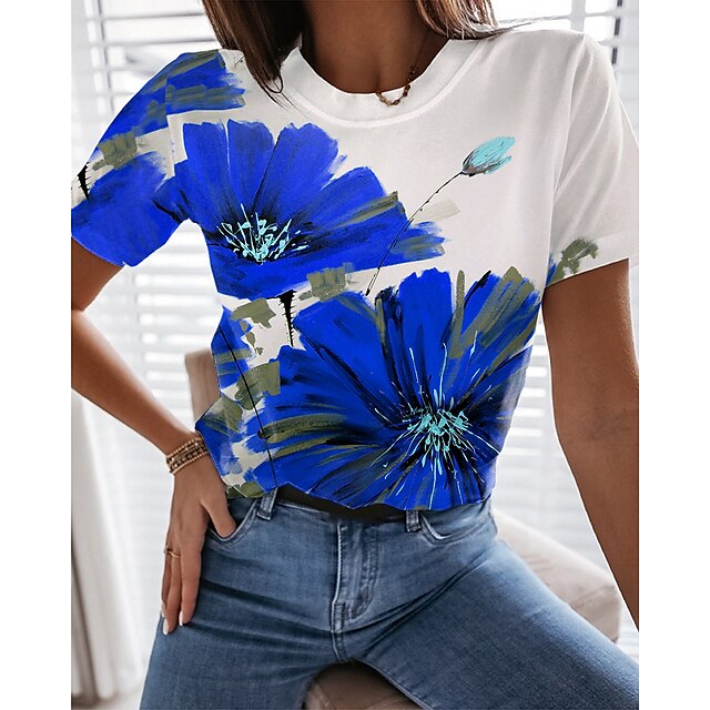  Women's T shirt Tee Pink Red Blue Print Floral Holiday Weekend Short Sleeve Round Neck Basic Regular Floral Painting S