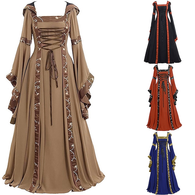  Medieval Renaissance 18th Century Vacation Dress Vintage Dress Dress Long Length Viking Outlander Plus Size Elven Women's Solid Color Square Neck Masquerade Party & Evening Festival Dress