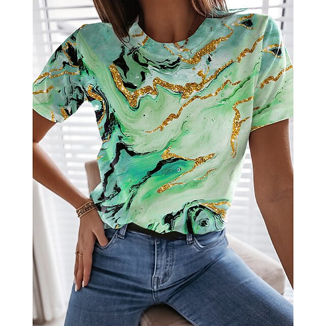  Damen T Shirt Graphic Rosa Blau Purpur Bedruckt Kurzarm Täglich Wochenende Basic Rundhalsausschnitt Regular Fit