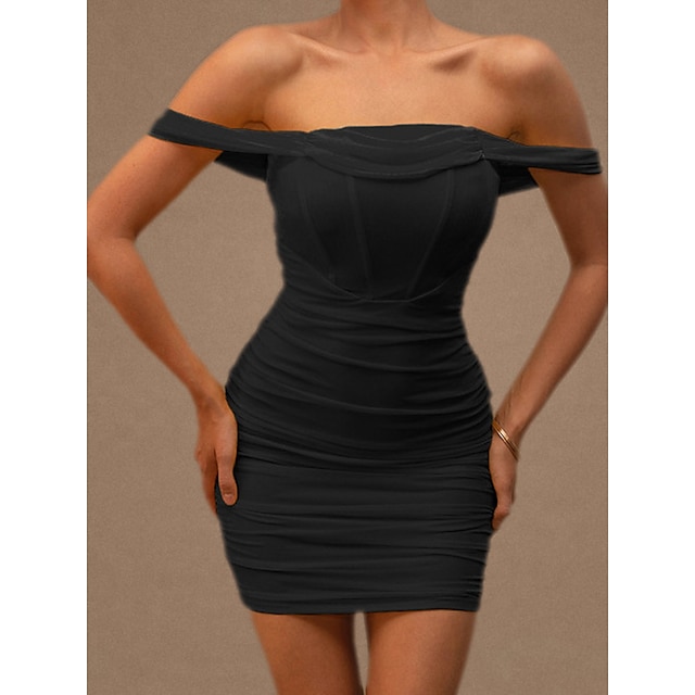  Women's Party Dress Lace Dress Bodycon Mini Dress Black Pure Color Short Sleeve Summer Spring Ruched Fashion Off Shoulder Slim Birthday Summer Dress 2023 S M L XL