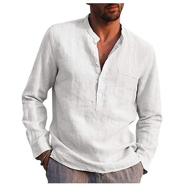  Men's Linen Shirt Henley Shirt Collar Solid Color Pocket Light Blue Wine White Black Gray Long Sleeve Pocket Classic Birthday Street Relaxed Fit Tops 65% Cotton Fashion Contemporary Simple Lightweight