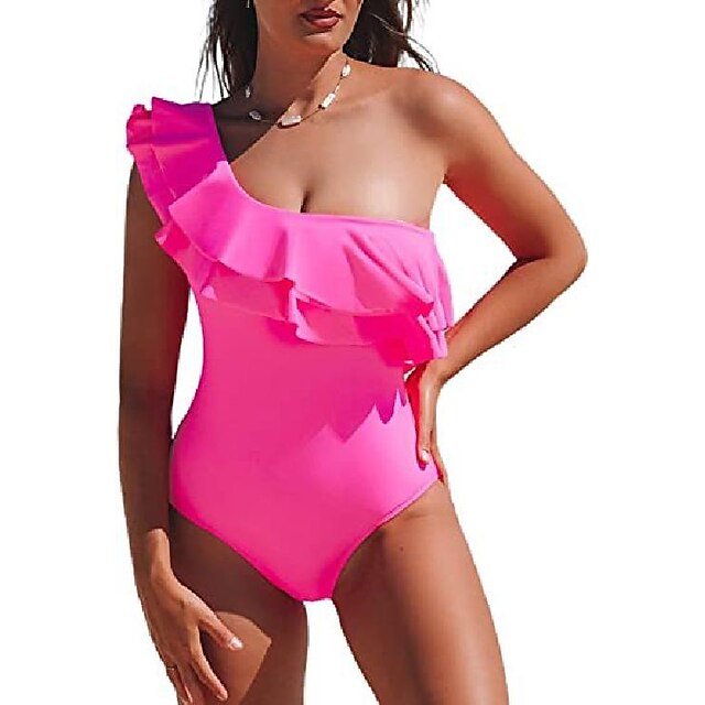  Women's Swimwear One Piece Normal Swimsuit Plain Ruffle One Shoulder Black Rose Red Bodysuit Bathing Suits Beach Wear Summer Sports