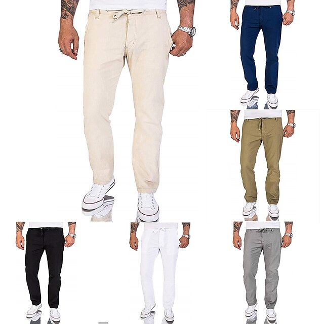  Men's Linen Pants Trousers Beach Pants Solid Color Drawstring Elastic Waistband Straight Leg Full Length Party Daily Loose Fit Fashion Streetwear White Black