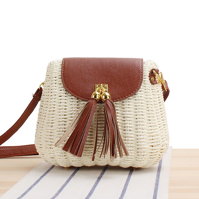  Women's Straw Bag Beach Bag Sling Bags Straw Crossbody Bag Straw Bag Tassel Daily Going out Solid Color White