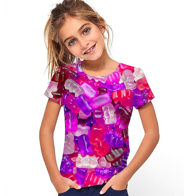  Barn Jente T skjorte Grafisk utendørs 3D-utskrift Kortermet Crewneck Aktiv 7-13 år Sommer Rød Lilla