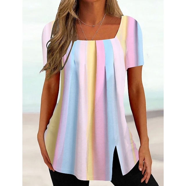  Femme T shirt Tee Bloc de couleur Arc-en-ciel Imprimer Manche Courte Casual Tuniques basique Col Carré Standard