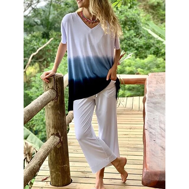  Women's Loungewear Sets Fashion Casual Comfort Tie Dye Polyester Street Daily Date V Wire Breathable T shirt Tee Short Sleeve Pant Summer Spring White
