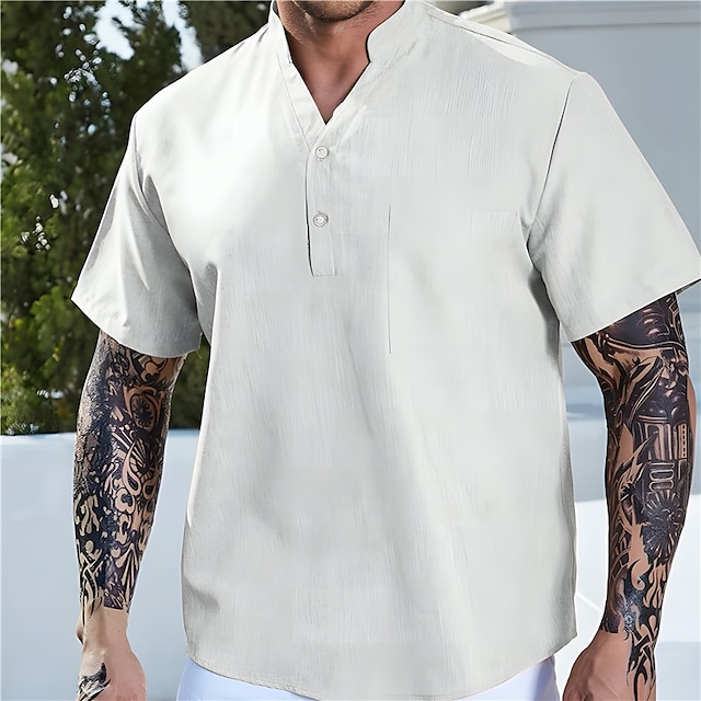  Homens Camisa Social camisa de linho Camisa casual camisa de verão camisa de praia Preto Branco Azul Tecido Manga Curta Verão Decote V Casual Diário Roupa