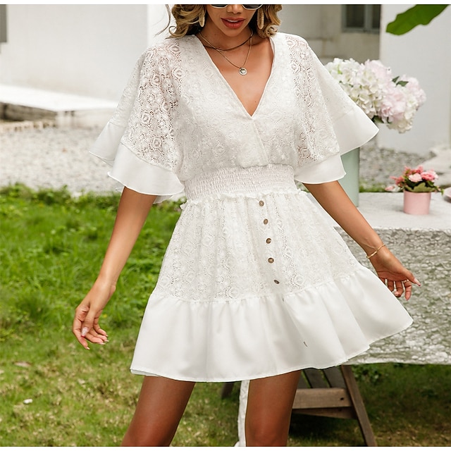 Damen Lässiges Kleid Glatt Weißes Kleid Sommerkleid V Ausschnitt Spitze Rüsche Minikleid Strasse Täglich Modisch Elegant Regular Fit Kurzarm Weiß Sommer Frühling S M L XL