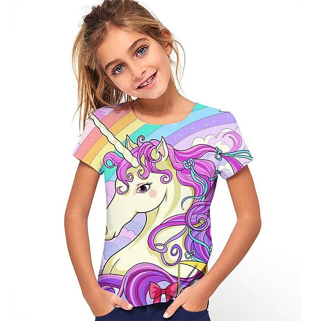  T-shirt Enfants Fille Graphic Extérieur 3D effet Manche Courte Col ras du cou Actif 7-13 ans Eté Bleu Violet