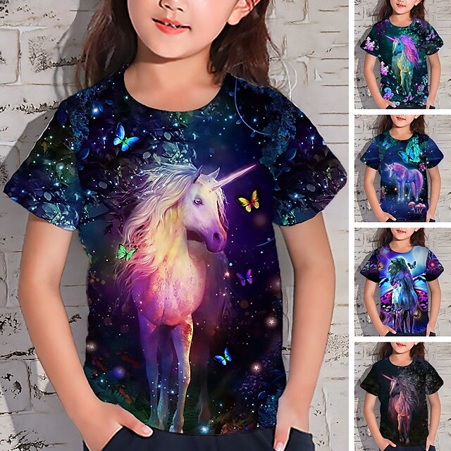  Girls' 3D Unicorn Printed Polyester T Shirt