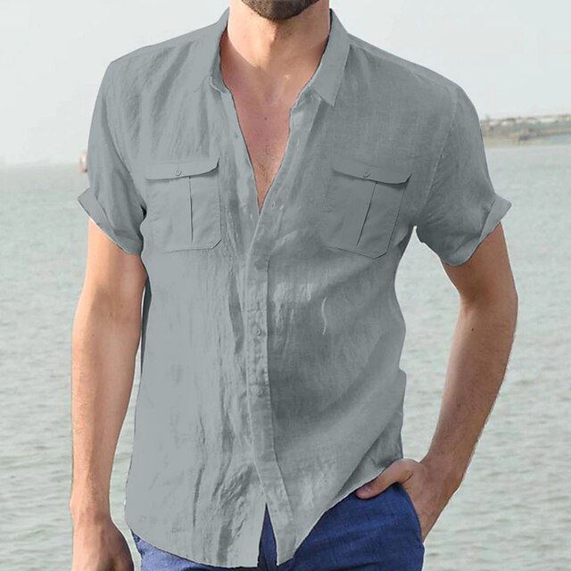  Hombre Camisa camisa de lino Camisa de verano Camisa de playa Bleu Ciel Armada# Blanco Color sólido Manga Larga Verano Primavera Cuello Trabajo Calle Ropa
