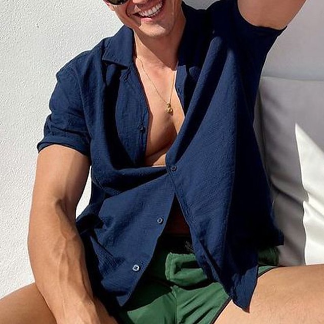  Hombre Camisa camisa de lino Camisa casual Camisa de verano Camisa de playa Negro Azul Marino Verde Oscuro Plano Manga Corta Verano Diseño Casual Diario Ropa