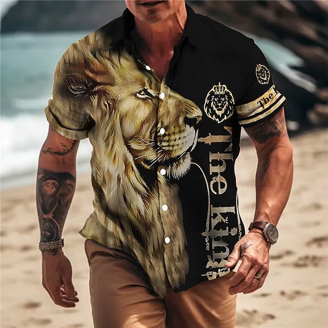  Men's Linen Shirt with Lion Graphic Print