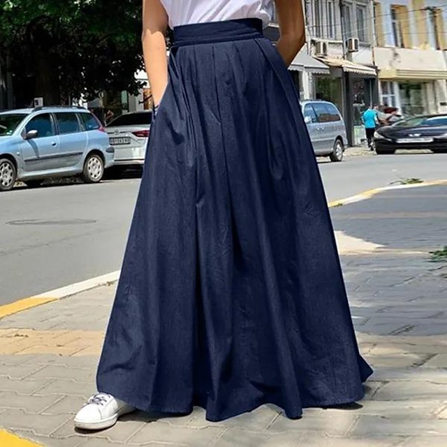 kvinders nederdel swing maxi sort blå nederdele lommemode afslappet daglig gade s m l
