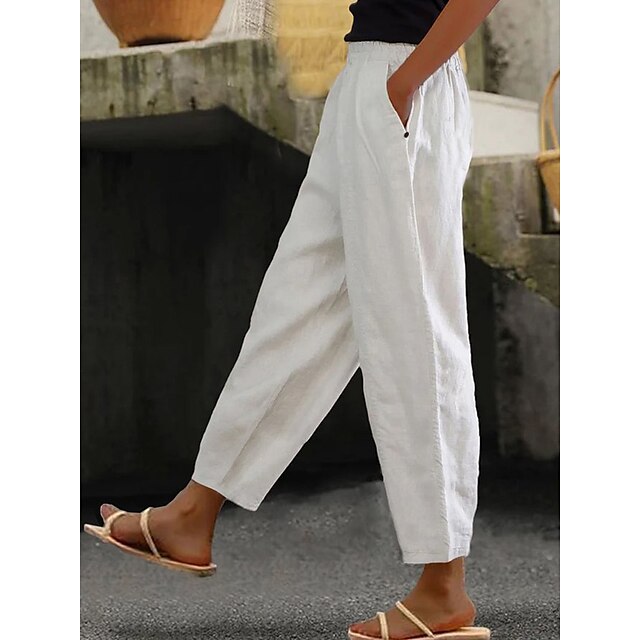  Damen Leinenhose Hosen Hose Leinenoptik Seitentaschen Knöchellänge Weiß