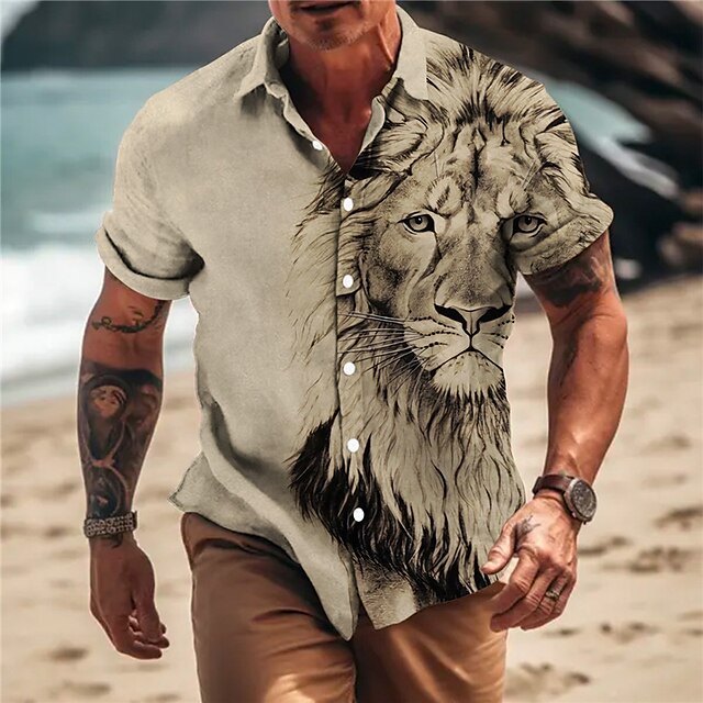  herreskjorte dyr løve grafisk turndown blå brun khaki grå udendørs street korte ærmer print tøj tøj modedesigner afslappet blød
