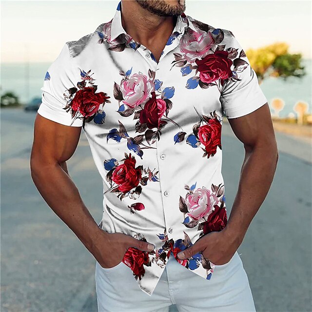  chemise blanche avec des roses hommes graphiques imprimés floraux couverture noir bleu marine or extérieur rue manches courtes vêtements mode streetwear décontracté coton