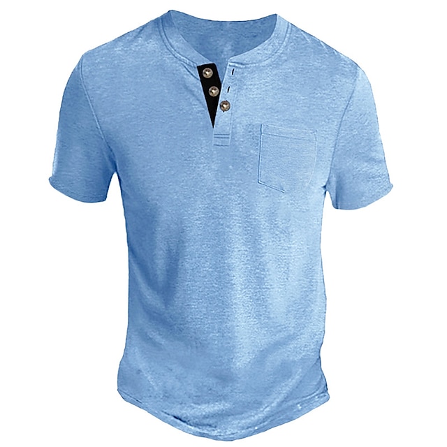  Hombre Henley Shirt Camiseta superior Henley Plano Calle Vacaciones Botón Bolsillo Manga Corta Ropa Moda Design Básico