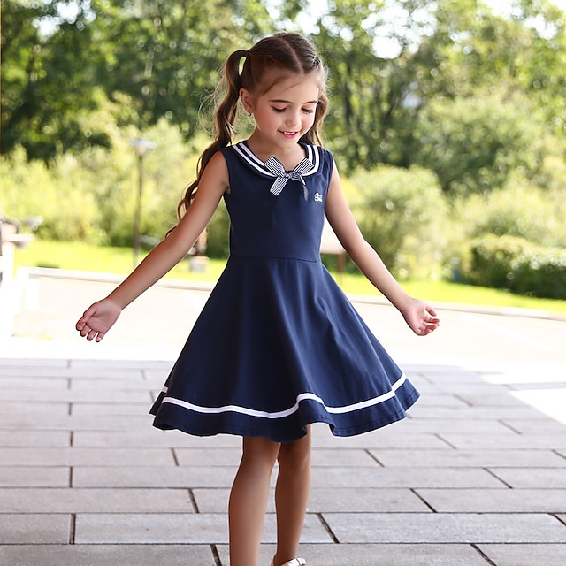  Cute Navy Blue Cotton Sailor Dress for Kids Girls