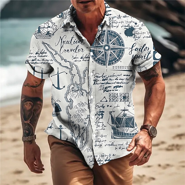  Retro Men's Linen Graphic Print Shirt Short Sleeved