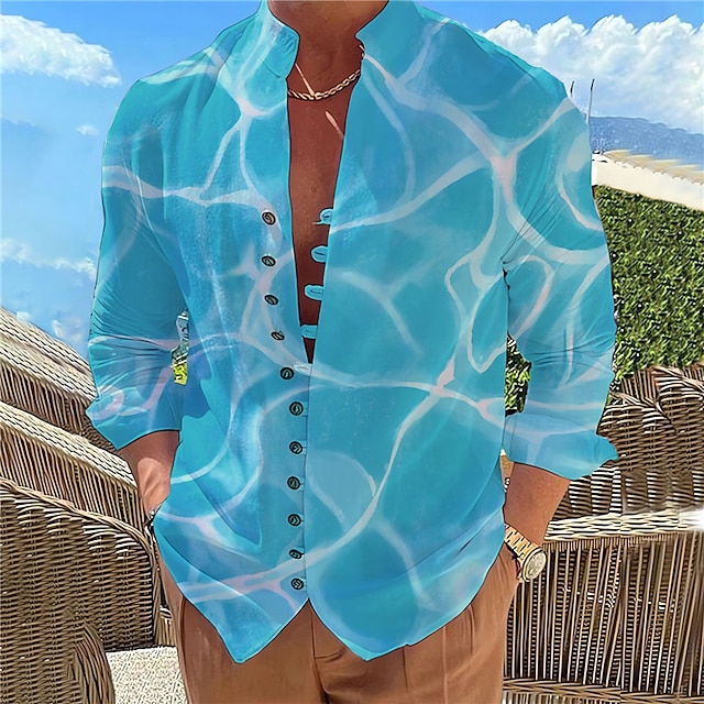  Homens Gradiente Ondas Padrão de paisagem marinha Camisa Social Camisa havaiana Camiseta Aloha Manga Longa Camisa Colarinho Chinês Moda Designer Casual Ao ar livre Férias Rua Amarelo Vermelho Azul S