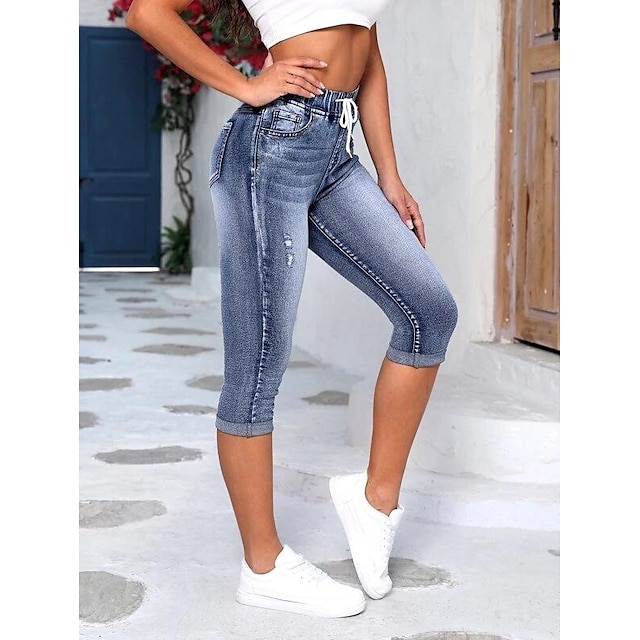  Damen Jeans Wadenlänge Denim Faux Denim Seitentaschen Mikro-elastisch Modisch Casual Marineblau S M