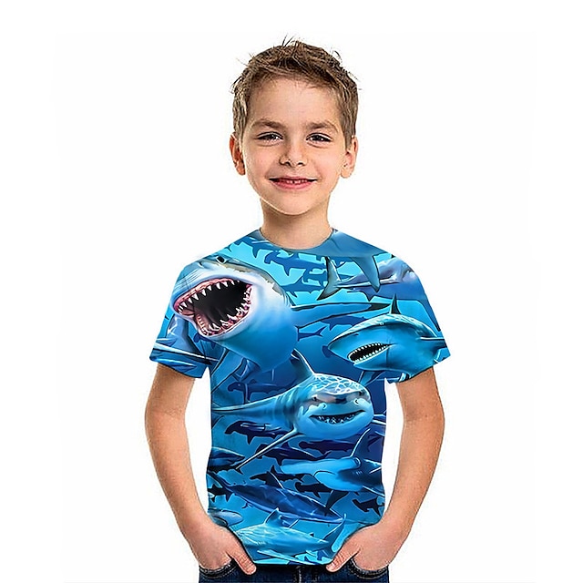  Infantil Para Meninos Camisa T Gráfico Animal Tubarão Manga Curta Crewneck Top infantil Ao ar livre Impressão 3D Esportes Moda Diário Verão Azul 2-13 anos