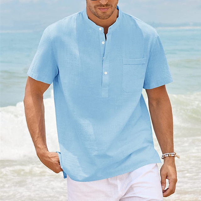  Homens Camisa Social camisa de linho camisa de verão camisa de praia Preto Branco Rosa Tecido Manga Curta Verão Henley Casual Diário Roupa Bolsos