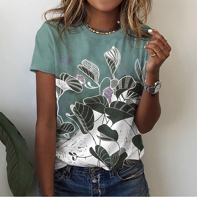 Damen T Shirt Blumen Grün Bedruckt Kurzarm Festtage Wochenende Basic Rundhalsausschnitt Regular Fit