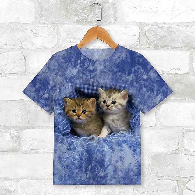  Pige 3D Grafisk Kat Hund T-shirt Kortærmet 3D-udskrivning Sommer Forår Aktiv Mode Sød Stil Polyester Børn 3-12 år udendørs Afslappet Daglig Regulær