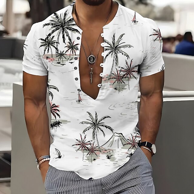  herreskjorte sommer hawaiiansk skjorte kokosnødtræ grafisk krave hvid lysegrøn lilla grøn udendørs street kortærmet print tøj tøj modedesigner afslappet komfortabel