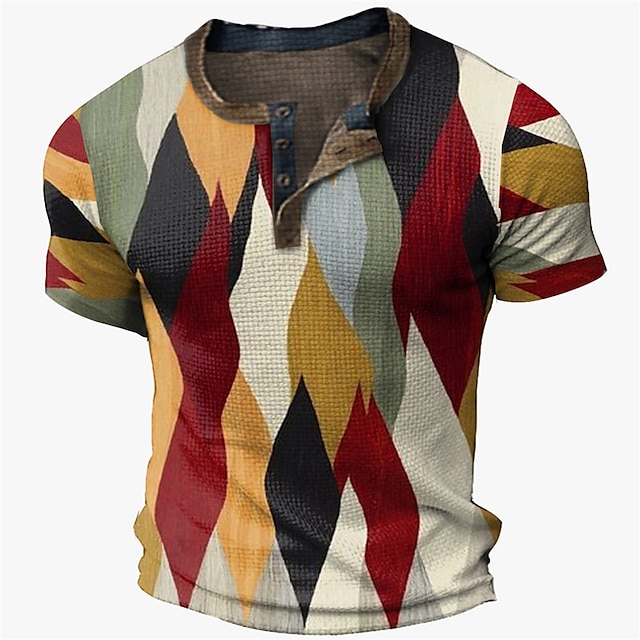  Herre Vaffel Henley skjorte Henley Grafisk Farveblok Rombe Tøj 3D-udskrivning udendørs Daglig Knap Kortærmet Mode Designer Basale