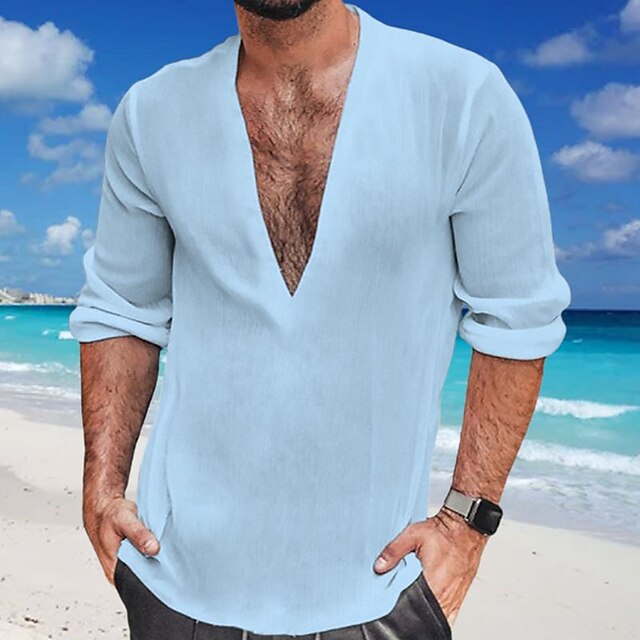  Homens Camisa Social camisa de linho camisa de verão camisa de praia Preto Branco Azul Tecido Manga Longa Primavera Verão Decote V Casual Diário Roupa