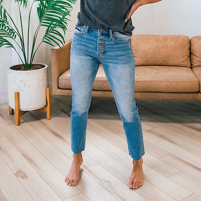  Damen Jeans Hosen Hose Denim Blau Modisch Seitentaschen Casual In voller Länge Mikro-elastisch Glatt Komfort S M L XL 2XL