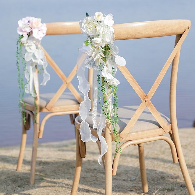 kunstig blomst utendørs bryllup dekorasjon stol rygg blomst hvit kunstig blomst lener seg mot blomst