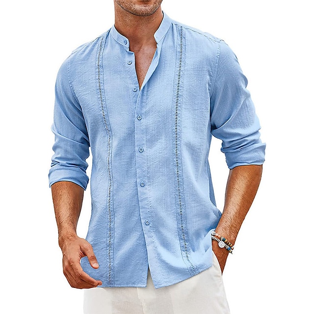  Homens Camisa Social camisa de linho Camisa Guayabera Camisa casual camisa de verão camisa de praia Preto Branco Azul Céu Tecido Manga Longa Primavera Verão Colarinho Casual Diário Roupa