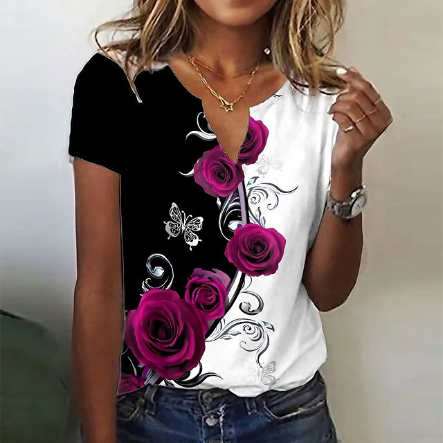  Femme T shirt Tee Floral Vacances Fin de semaine Jaune Bleu Fuchsia Imprimer Manche Courte basique Col V Standard