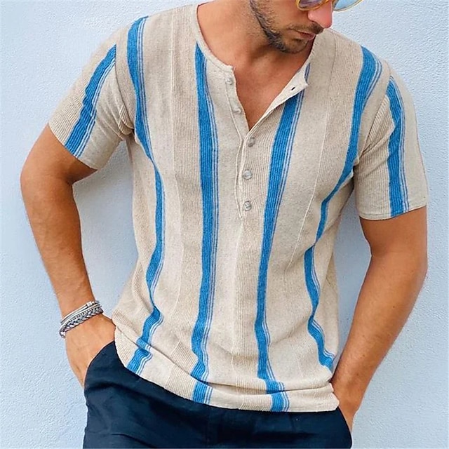  Homme Chemise Henley Shirt T-shirt Henley Rayé Plein Air Vacances Manches courtes Vêtement Tenue Mode Design basique