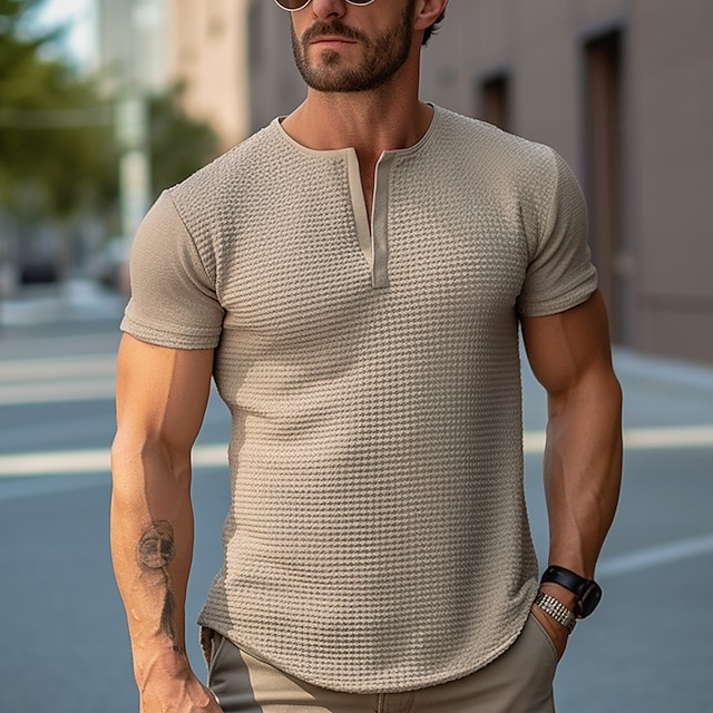  Homens Camiseta Camisa Waffle T-shirt Decote V Tecido Rua Férias Manga Curta Roupa Moda Designer Básico