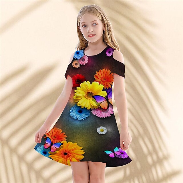  Floral 3D Printed Casual Girls' A Line Strap Dress