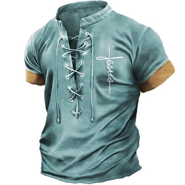  Vintage Men's Graphic Faith Stand Collar T Shirt