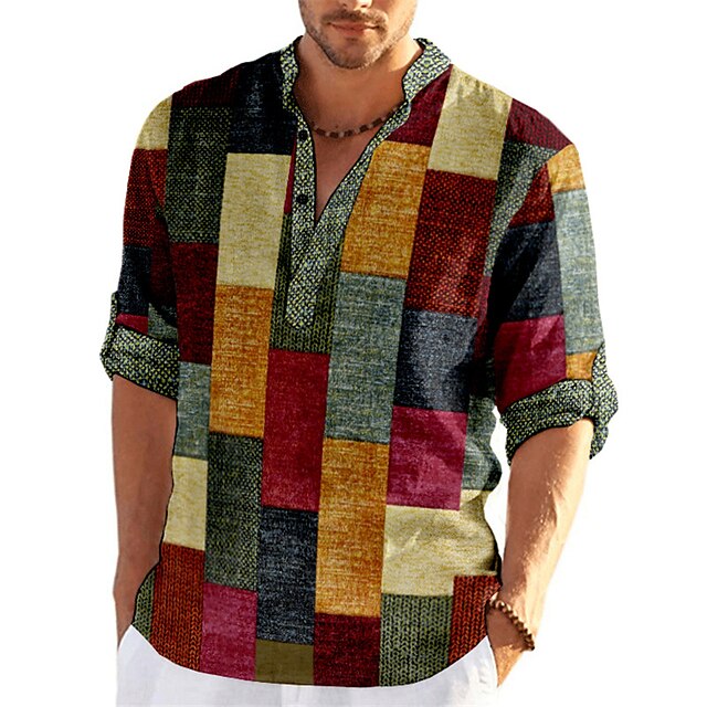  Men's Graphic Plaid Shirt with Stand Collar